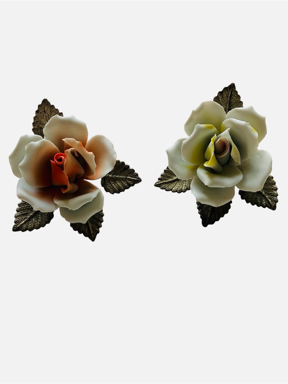 Vintage Capodimonte Porcelain On Metal Floral Rose Set Made In Italy